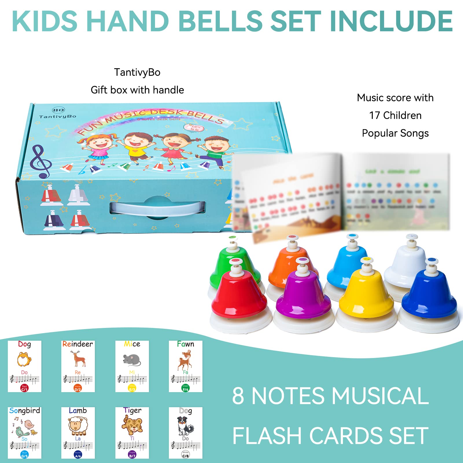 Desk Bells, Rainbow Diatonic Hand Bells for Kids with 17 Songbook & Musical Flash Cards, Toddler Preschool Musical Learning Toys, Boys & Girls Birthday Gift for 3-Year-Old and Over