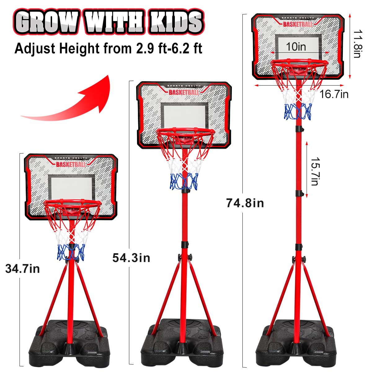 Meland Kids Basketball Hoop - Adjustable Height 2.9ft-6.2ft Toddler for Kids, Goal Indoor & Outdoor Toys Backyard Outside Boys Age 3 4 5 6 7 8 Years Gift