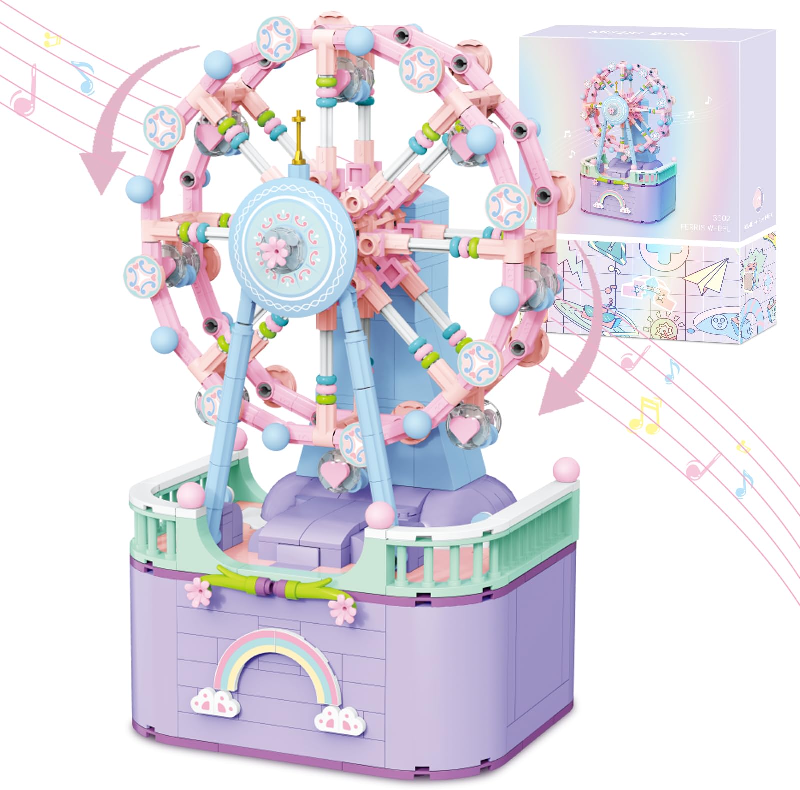 R HOME STORE Music Box Building Toys, Rotating Ferris Wheel DIY Building Block for Girls and Boys 6-12 Years Old, 710 pcs, Christmas and Valentine Gifts for Adults and Aged 8 9 10 11 12 Kids