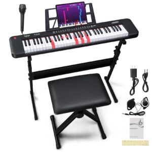 Ktaxon 61 Key Keyboard Piano with Light Up Keys, Electric Piano Set with Headphone, Microphone, Music Rest, Power Adapter, Piano Stand, Piano Bench and Manual(Classic Black)