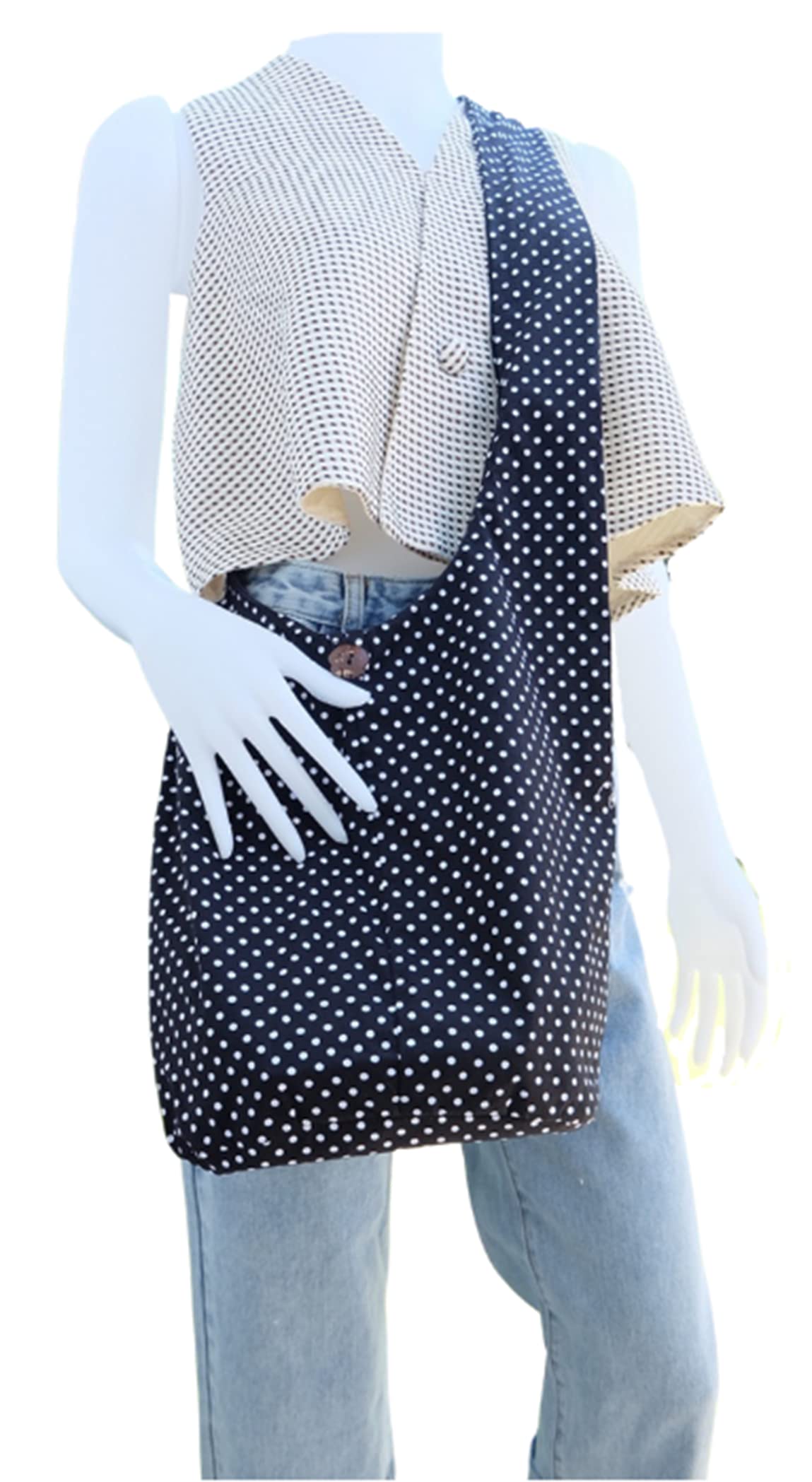 Handmade Cotton Cross body Shoulder Sling Bag (Black/w White Polka Dot)