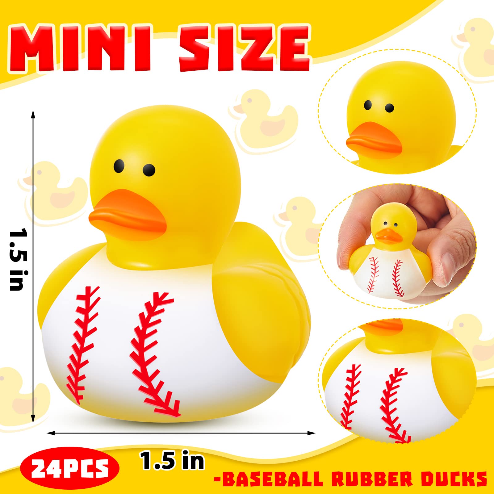 24 Pieces Baseball Rubber Ducks Mini Ducks Yellow Rubber Ducky Bath Toys Baseball Party Favors for Bathtub Gift Classroom Summer Beach Pool Activity Carnival Game