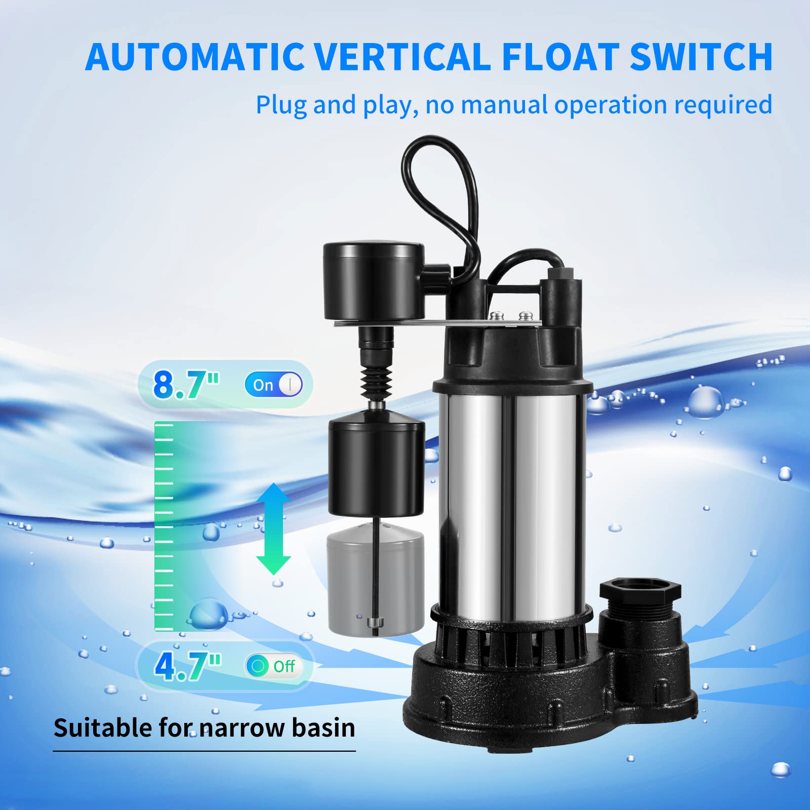 VEVOR 1.5 HP Submersible Cast Iron and Steel Sump Pump, 6000 GPH Submersible Water Pump with Integrated Vertical Float Switch, for Basement Water Basin and Flooding Area