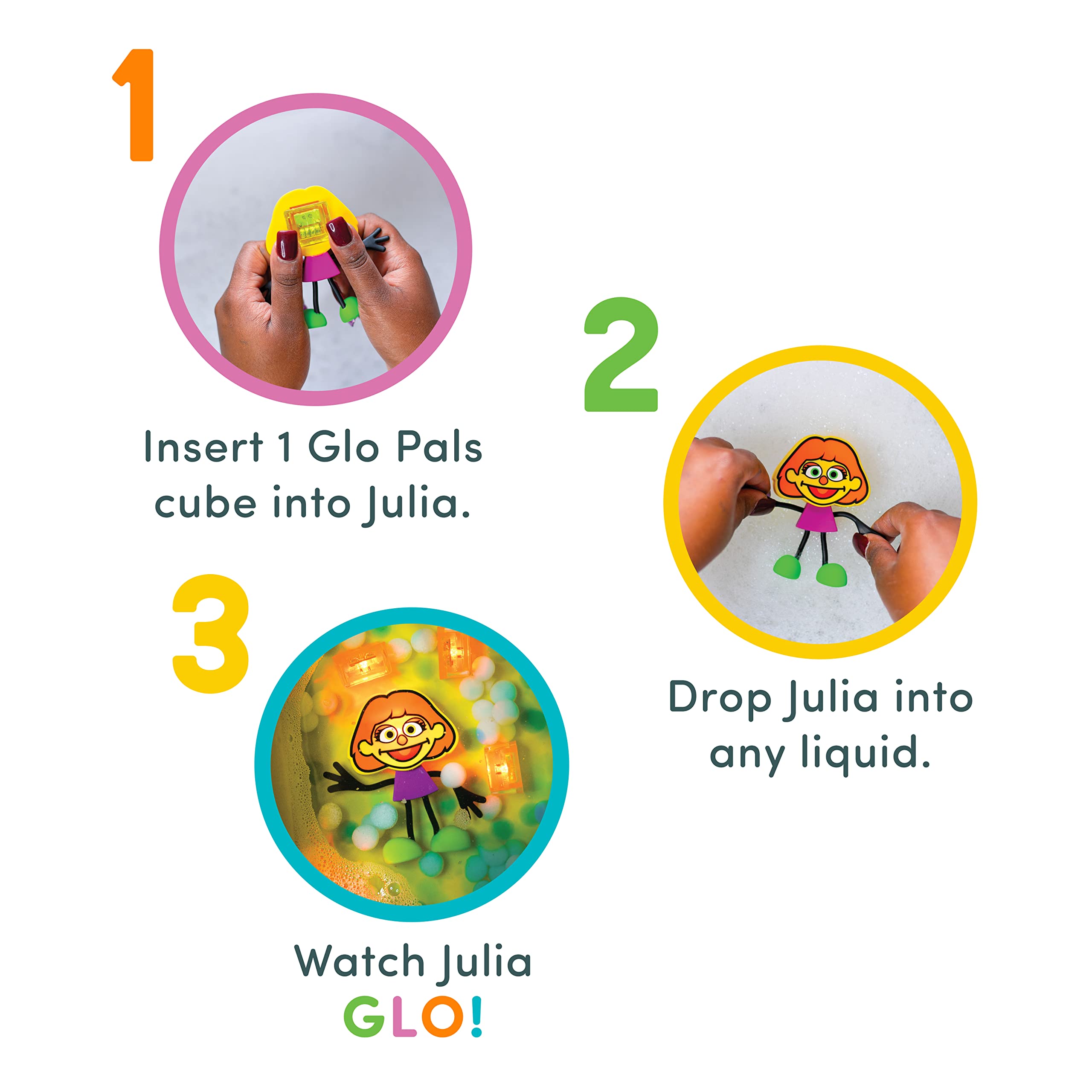 Glo Pals x Sesame Street Julia Water-Activated Bath Toy with 6 Reusable Light-Up Cubes for Sensory Play