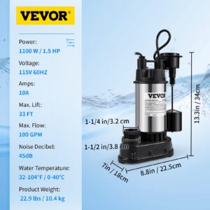 VEVOR 1.5 HP Submersible Cast Iron and Steel Sump Pump, 6000 GPH Submersible Water Pump with Integrated Vertical Float Switch, for Basement Water Basin and Flooding Area