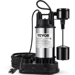 vevor 1.5 hp submersible cast iron and steel sump pump, 6000 gph submersible water pump with integrated vertical float switch, for basement water basin and flooding area