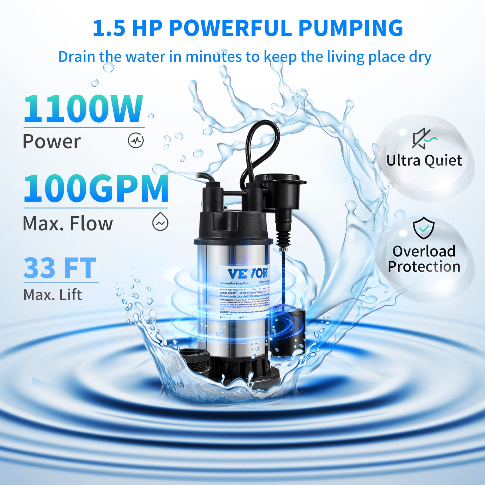 VEVOR 1.5 HP Submersible Cast Iron and Steel Sump Pump, 6000 GPH Submersible Water Pump with Integrated Vertical Float Switch, for Basement Water Basin and Flooding Area