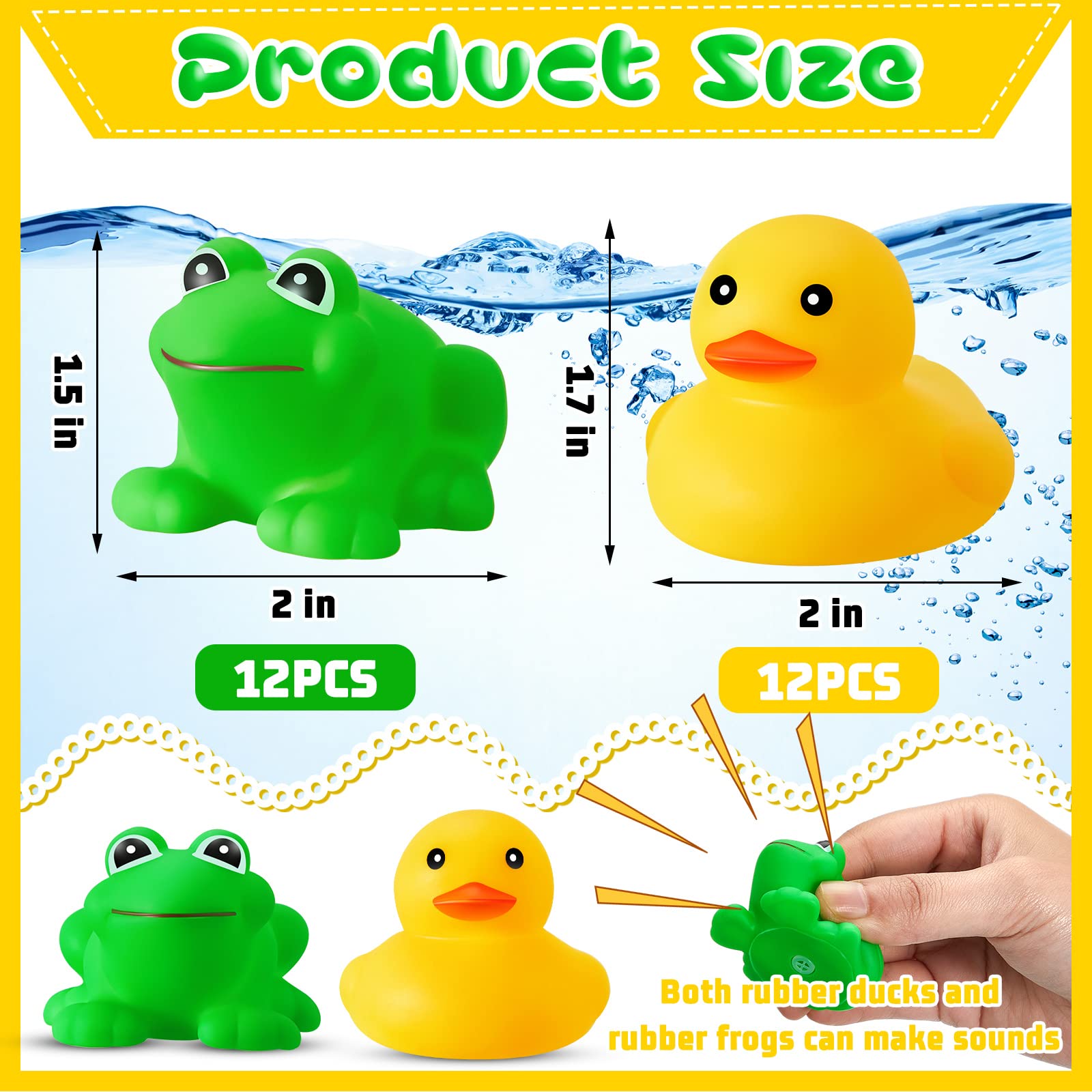 12 Pcs Mini Rubber Ducks and 12 Pcs Rubber Frogs Squeak and Float Mini Ducks Rubber Bath Toys Green Frog Bath Toy Yellow Duck Floating Rubber Ducky Bathtub Toys for Boys Girls Shower Toys, 2 x 2 Inch