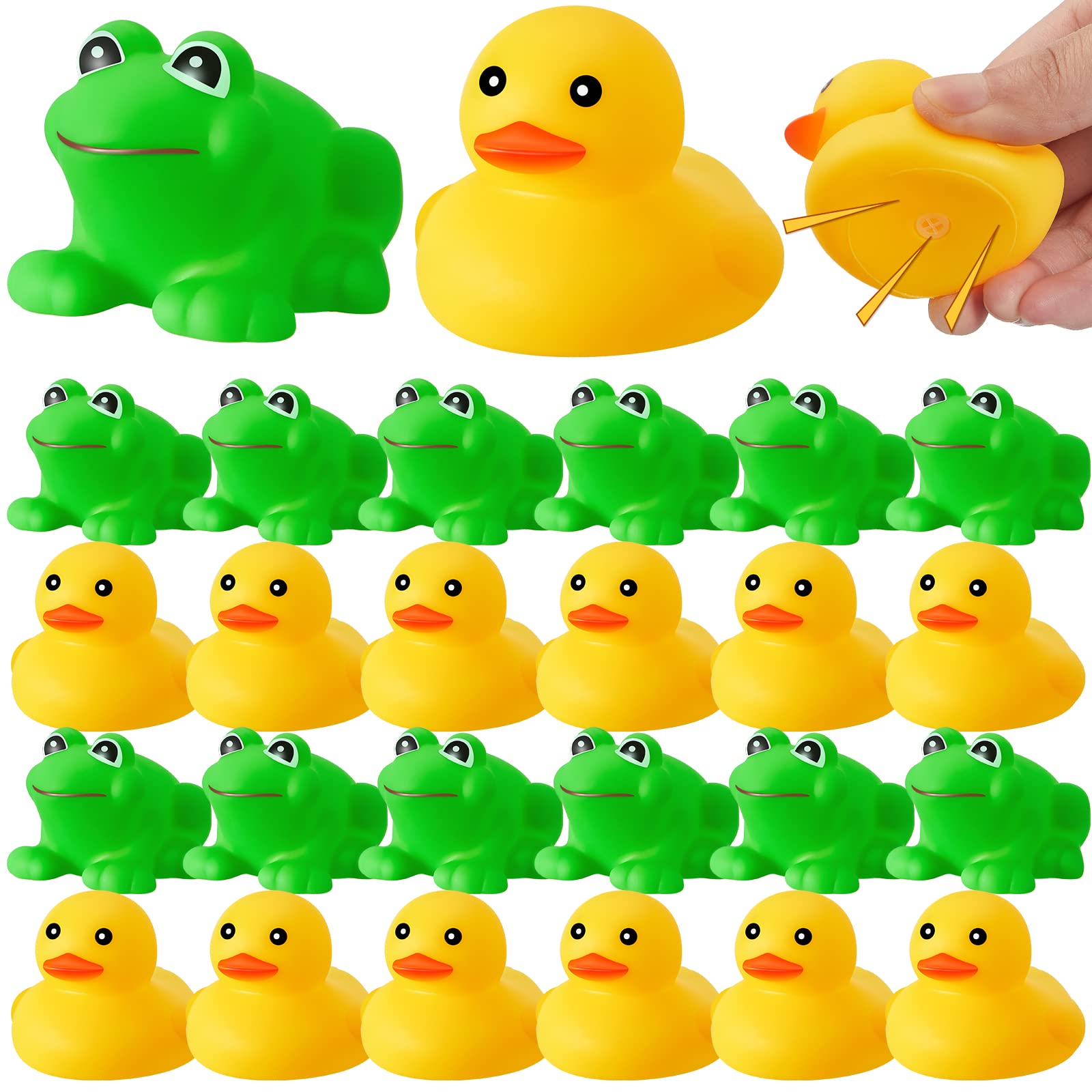 12 Pcs Mini Rubber Ducks and 12 Pcs Rubber Frogs Squeak and Float Mini Ducks Rubber Bath Toys Green Frog Bath Toy Yellow Duck Floating Rubber Ducky Bathtub Toys for Boys Girls Shower Toys, 2 x 2 Inch