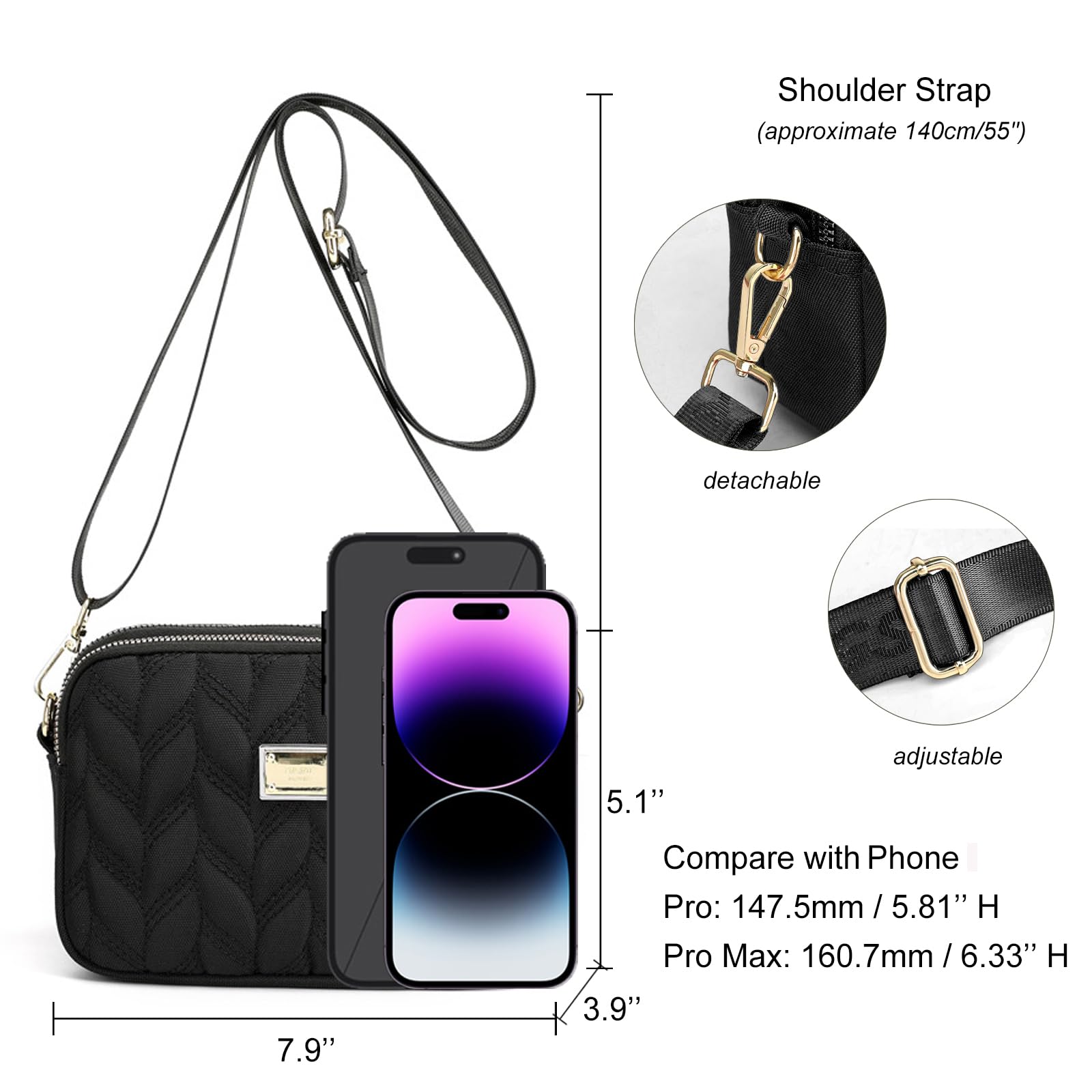 WITERY Small Crossboby Purse for Women - Waterproof Nylon Crossbody Phone Purse Shoulder Bag with Adjustable Strap, Lightweight Ladies Multi-Pocket Small Purses Travel Purse Handbags