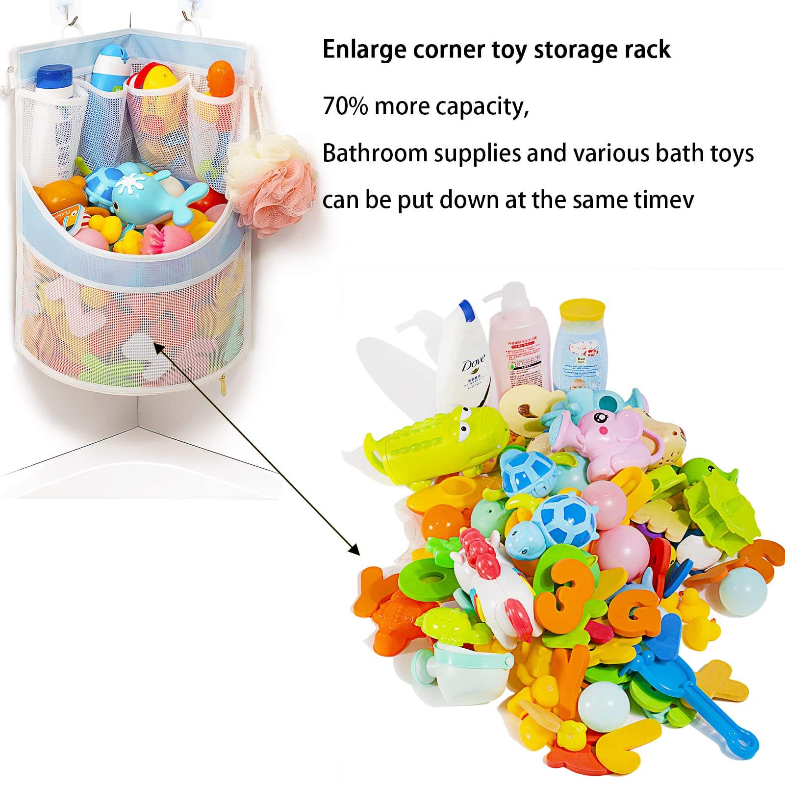 PVC Material Bathtub Toy Holder Prevent Long Spots Bath Toy Storage Bath Toys for Kids Ages 4-8 17“x13”Mesh Bath Toy Holder let Baby Bath Toys Quick Drying