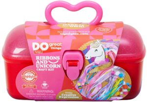 highlights for children ribbons and unicorn craft kit for kids, 3 crafts in 1, create a unicorn wand, ribbon hoop, and hair comb, includes reusable carrying case for mess free storage, ages 6+