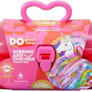 Highlights for Children Ribbons and Unicorn Craft Kit for Kids, 3 Crafts in 1, Create a Unicorn Wand, Ribbon Hoop, and Hair Comb, Includes Reusable Carrying Case for Mess Free Storage, Ages 6+