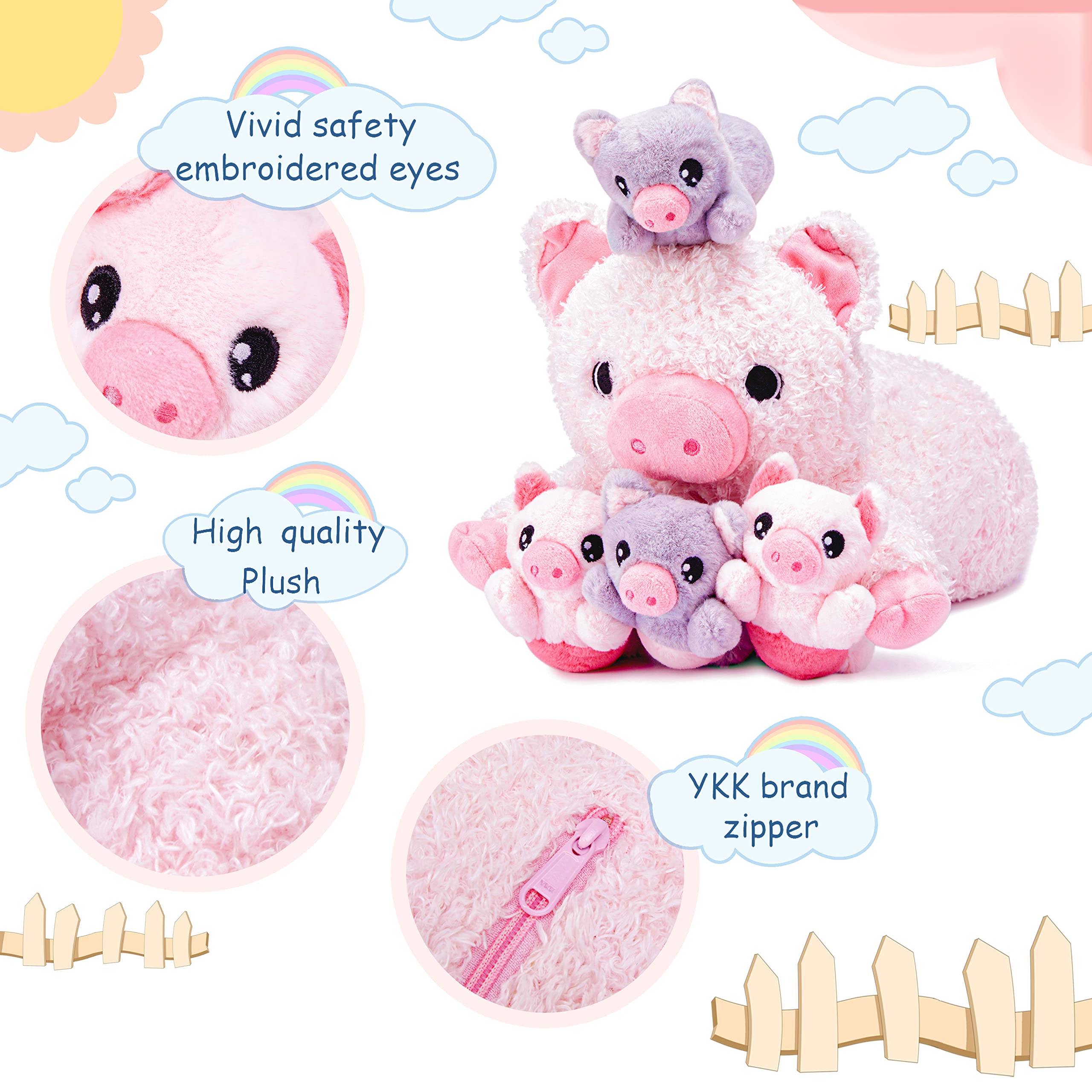 IKASA Mommy Pig Stuffed Animal Mom and Baby Plush Toy,Cute 16" Soft Small Fluffy Mama Family Set Toy with Little Mini Babies,Gifts for Kid (Pig)