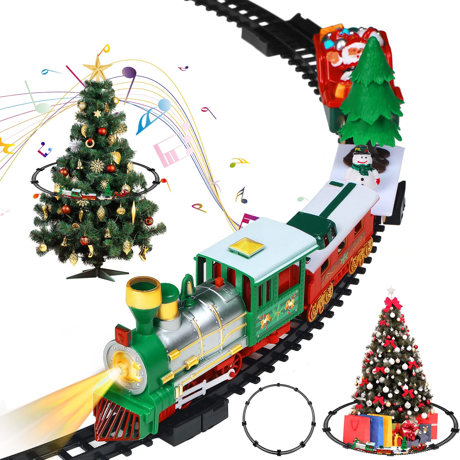 Christmas Electric Train Set Around The Christmas Tree, Train Toy Set with Track Locomotive Santa Claus Snowman Xmas Tree Music and Lights Christmas New Year Gifts for Boys Girls (Cute Style)