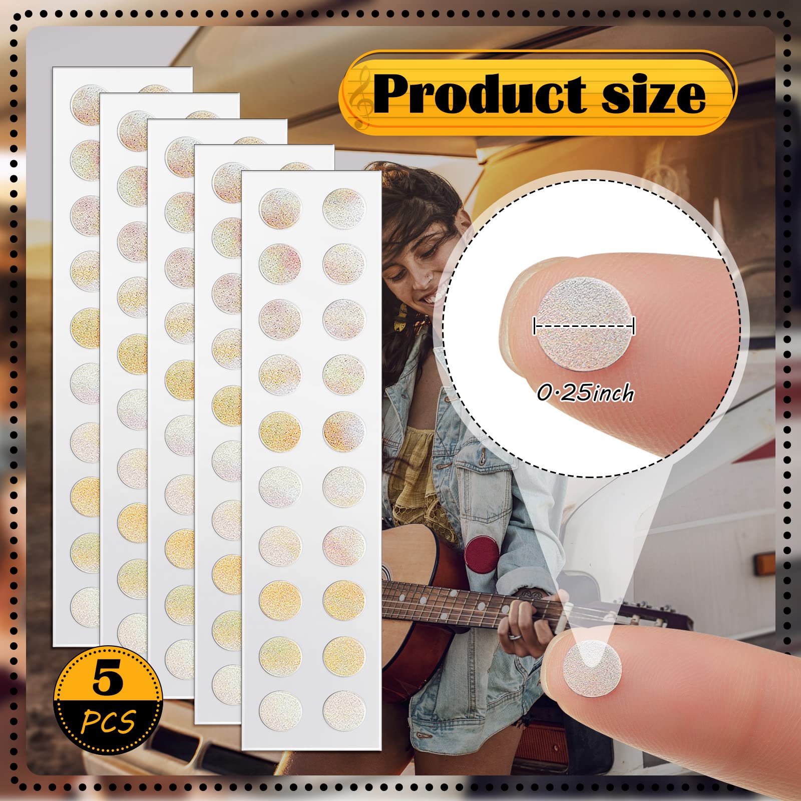 100 Pcs 5 Sheets Dot Fret Markers Guitar Fretboard Stickers Guitar Neck Decal for Guitars Ukulele Bass Banjo Aged White Pearl, 0.25 Inch (6.35mm)