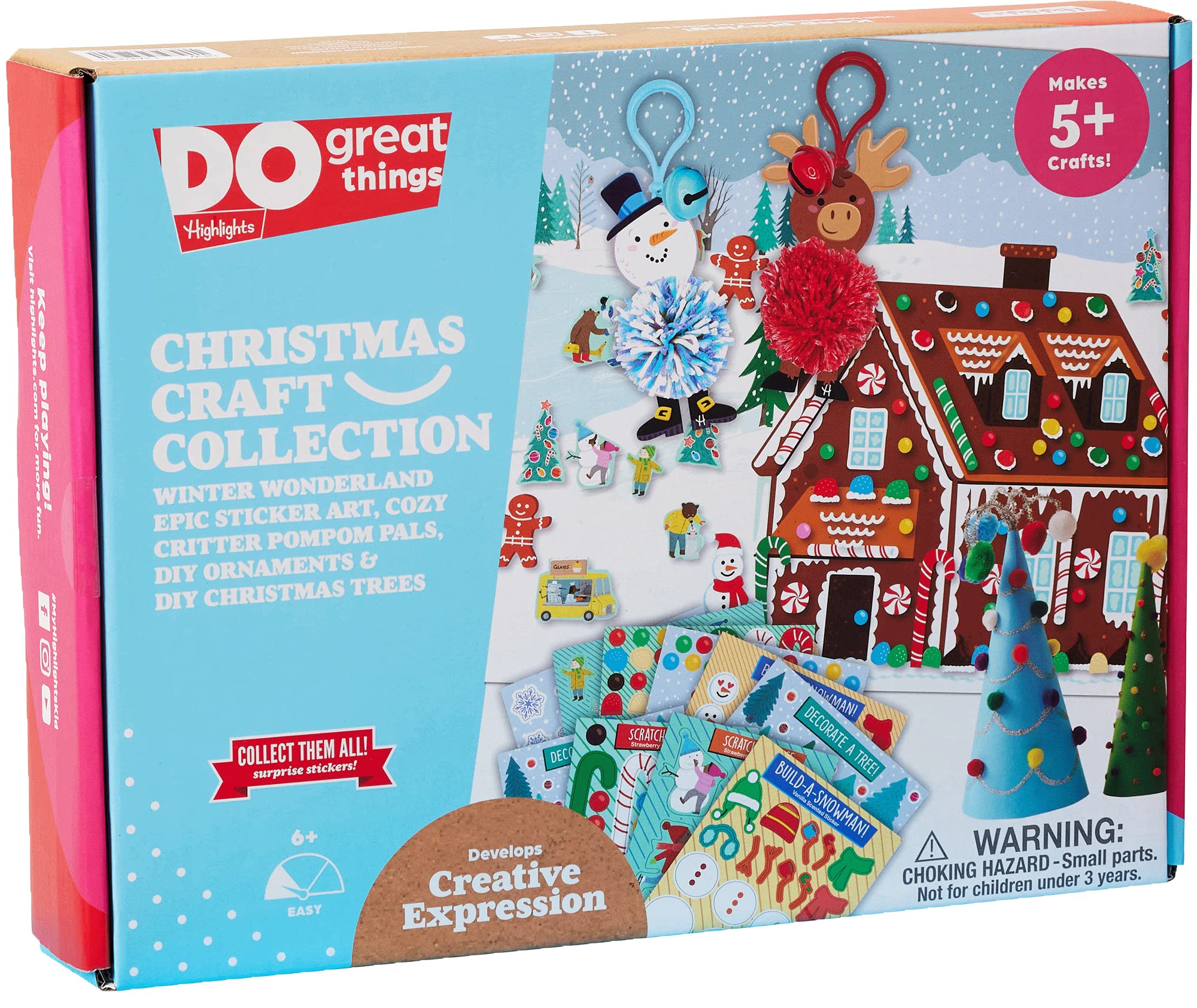 Highlights for Children Christmas Craft Kit for Kids, 5 Holiday Crafts in 1, Create a Jumbo Winter Wonderland Sticker Art Poster, Mini Christmas Trees, Ornaments, and Pom Pom Pals, Ages 6+