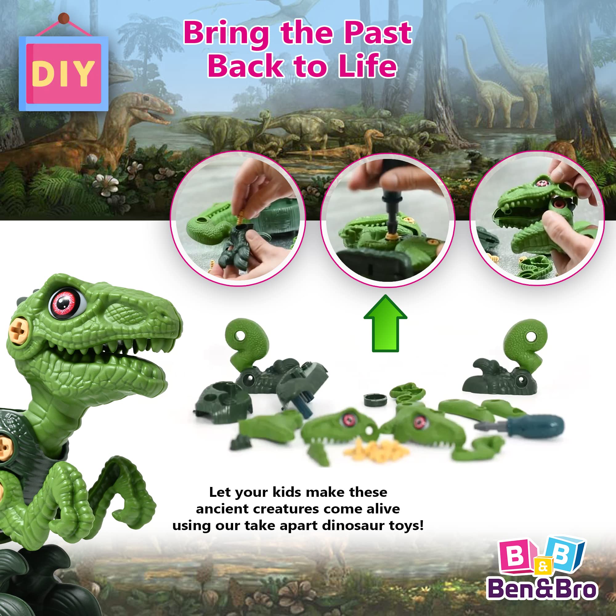 Ben and Bro Dinosaur Toys for Kids 3-5 6 7 8 Years Old, Take Apart Dinosaur Toys for Boys and Girls, STEM Construction Dinosaur Building Kit for Kids with Electric Drill Tool, Great Gift Pack of 3