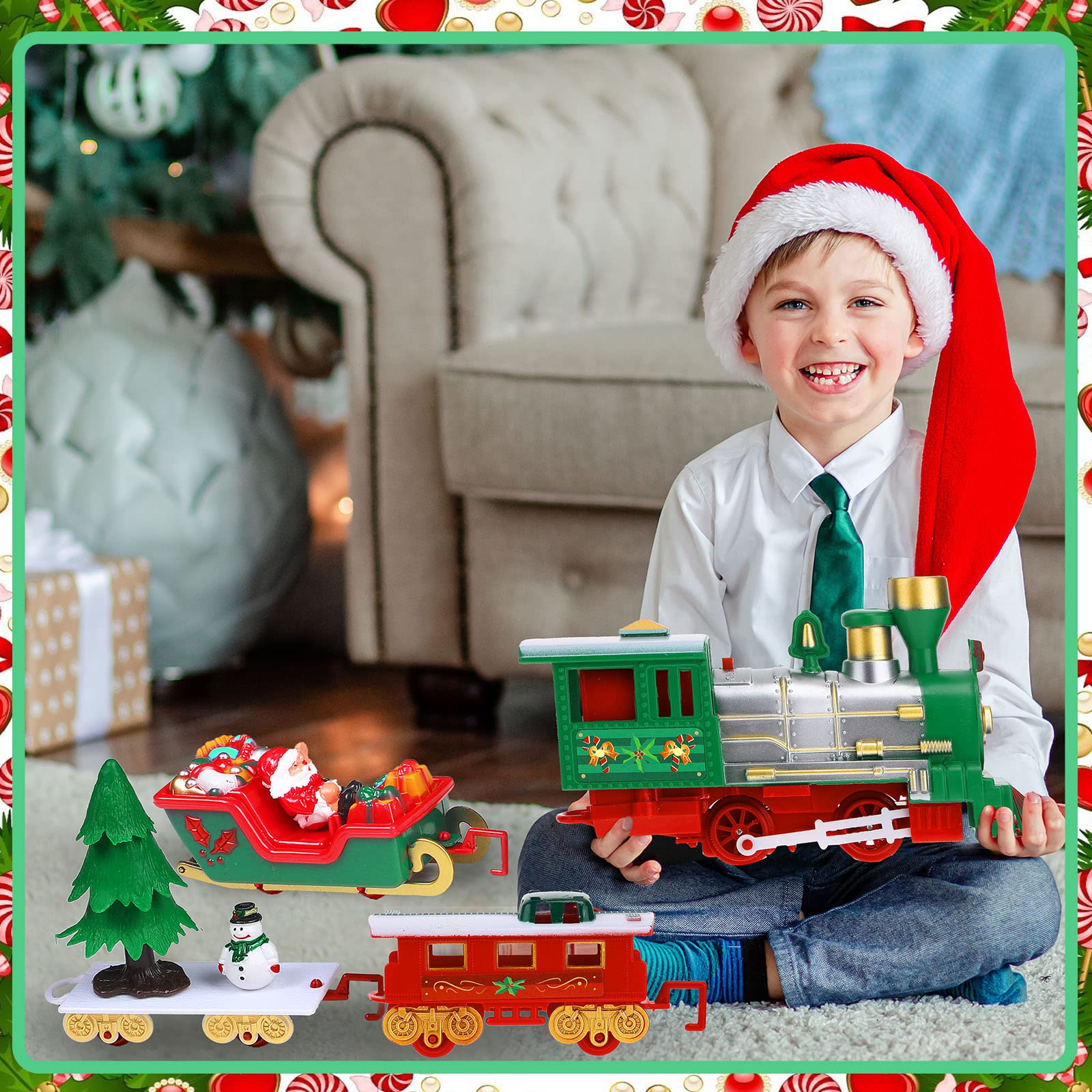 Christmas Electric Train Set Around The Christmas Tree, Train Toy Set with Track Locomotive Santa Claus Snowman Xmas Tree Music and Lights Christmas New Year Gifts for Boys Girls (Cute Style)