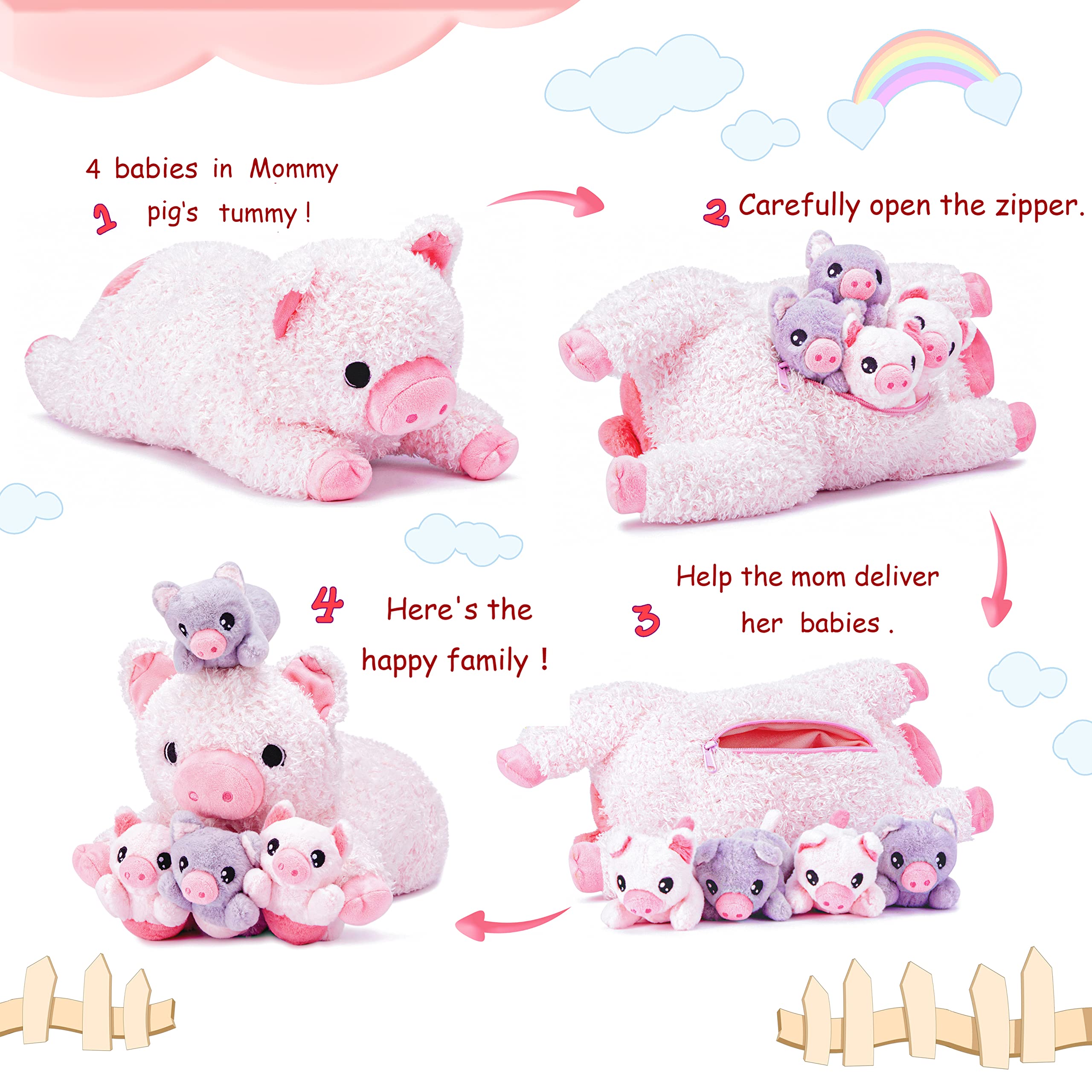 IKASA Mommy Pig Stuffed Animal Mom and Baby Plush Toy,Cute 16" Soft Small Fluffy Mama Family Set Toy with Little Mini Babies,Gifts for Kid (Pig)