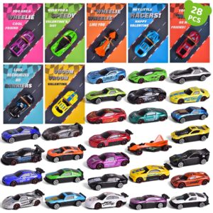 fun little toys 28 pieces race car valentines day gifts valentine's day cards for kids, greeting cards with cars toys for boys classroom school exchange prize party favor supplies