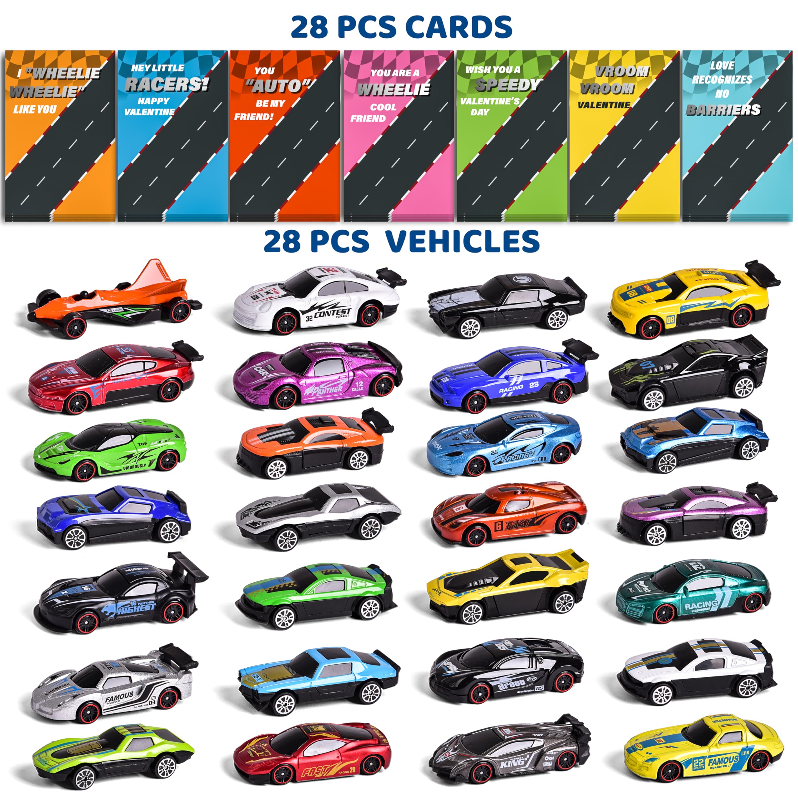 FUN LITTLE TOYS 28 Pieces Race Car Valentines Day Gifts Valentine's Day Cards for Kids, Greeting Cards with Cars Toys for Boys Classroom School Exchange Prize Party Favor Supplies