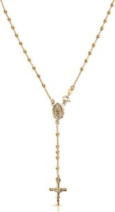 savlano 925 sterling silver italian solid bead chain cross & rosary virgin mary pendant -18k gold plated y necklace comes with gift box for women - made in italy (20, 3mm)