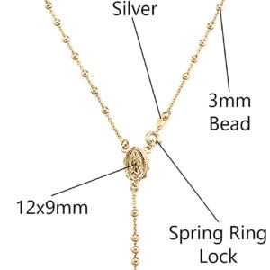 Savlano 925 Sterling Silver Italian Solid Bead Chain Cross & Rosary Virgin Mary Pendant -18K Gold Plated Y Necklace Comes With Gift Box for Women - Made in Italy (20, 3mm)