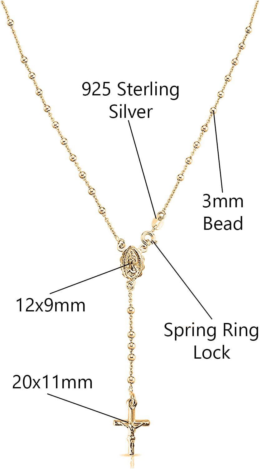 Savlano 925 Sterling Silver Italian Solid Bead Chain Cross & Rosary Virgin Mary Pendant -18K Gold Plated Y Necklace Comes With Gift Box for Women - Made in Italy (20, 3mm)