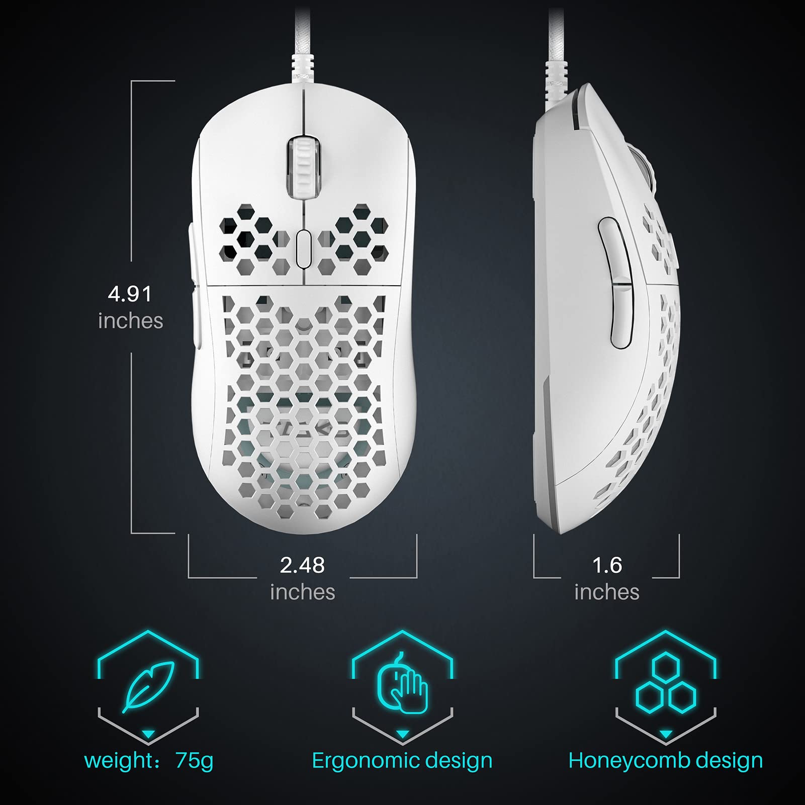 DIERYA M1SE Wired Gaming Mouse with Honeycomb Shell, 12800DPI Optical Sensor, 6 Programmable Macros, Software Support for Custom Key Config, and RGB Settings for Windows 7/8/10/XP, Vista, Linux-White