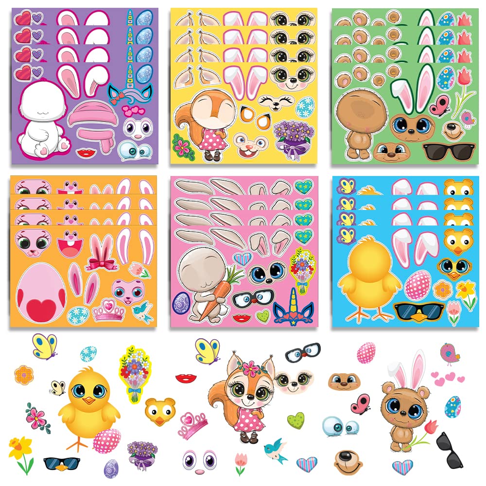 Artcreativity Easter Make Your Own Stickers, Bulk Easter Stickers for Kids (96 Sticker Sheets) with 6 Designs, Easter Basket Stuffers, Easter Egg Stickers and Bunny Stickers, Easter Crafts for Kids