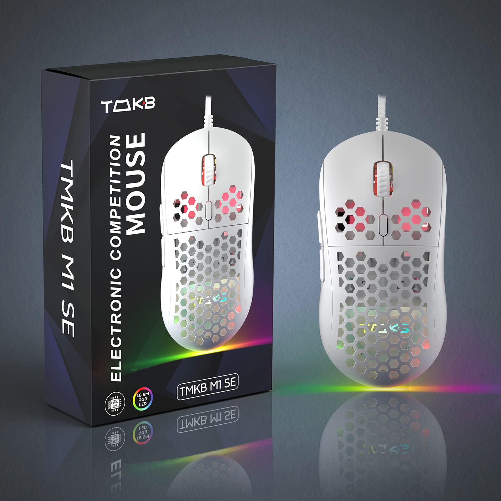 DIERYA M1SE Wired Gaming Mouse with Honeycomb Shell, 12800DPI Optical Sensor, 6 Programmable Macros, Software Support for Custom Key Config, and RGB Settings for Windows 7/8/10/XP, Vista, Linux-White