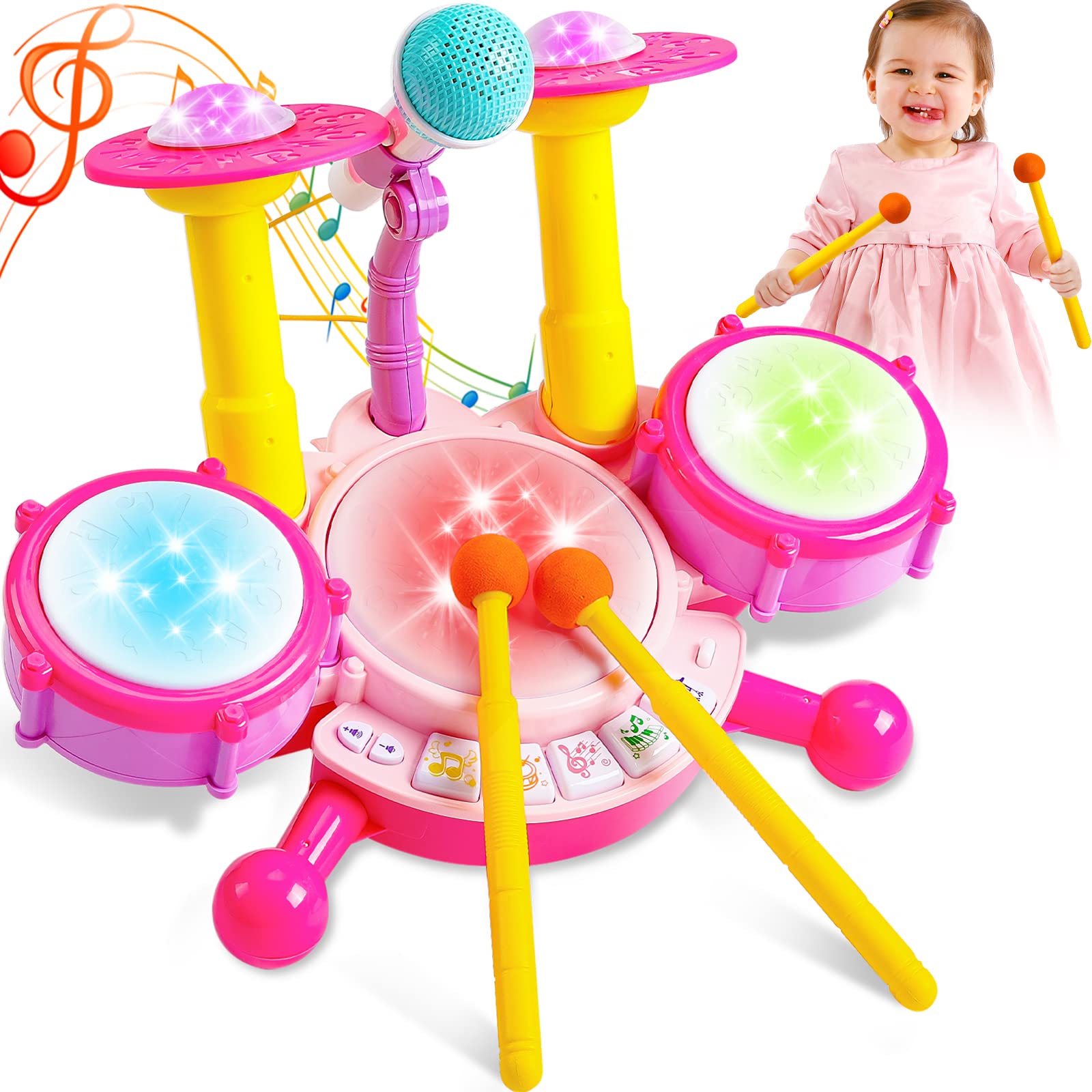 Kids Drum Set for Toddlers 1-3 Musical Baby Girl Toys for 1 Year Old Girl Gifts Educational Microphone Instruments Toys 12-18 Months Toddler Girl Toys Age 1-2 Birthday Gifts Presents for 6 9 12 Months