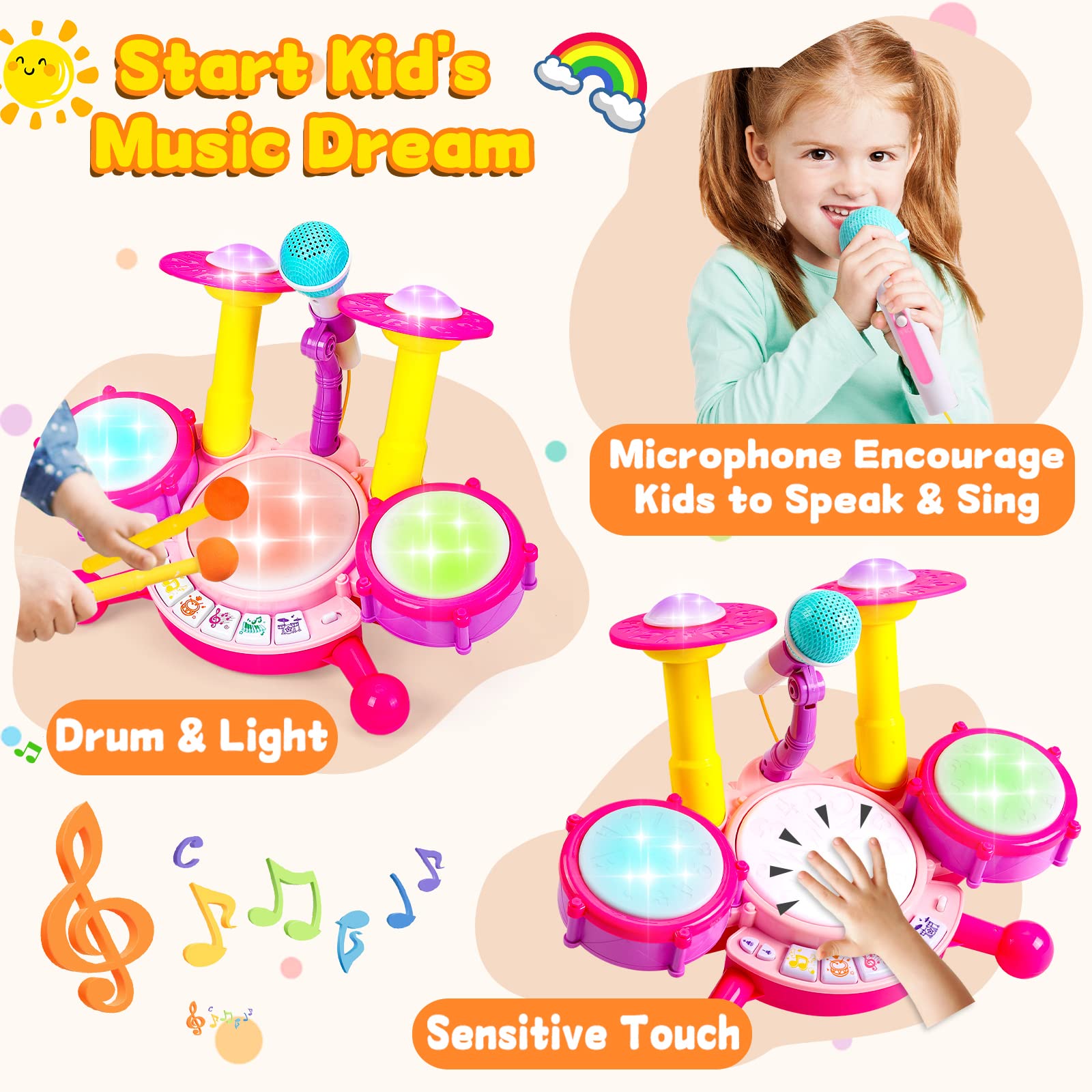 Kids Drum Set for Toddlers 1-3 Musical Baby Girl Toys for 1 Year Old Girl Gifts Educational Microphone Instruments Toys 12-18 Months Toddler Girl Toys Age 1-2 Birthday Gifts Presents for 6 9 12 Months