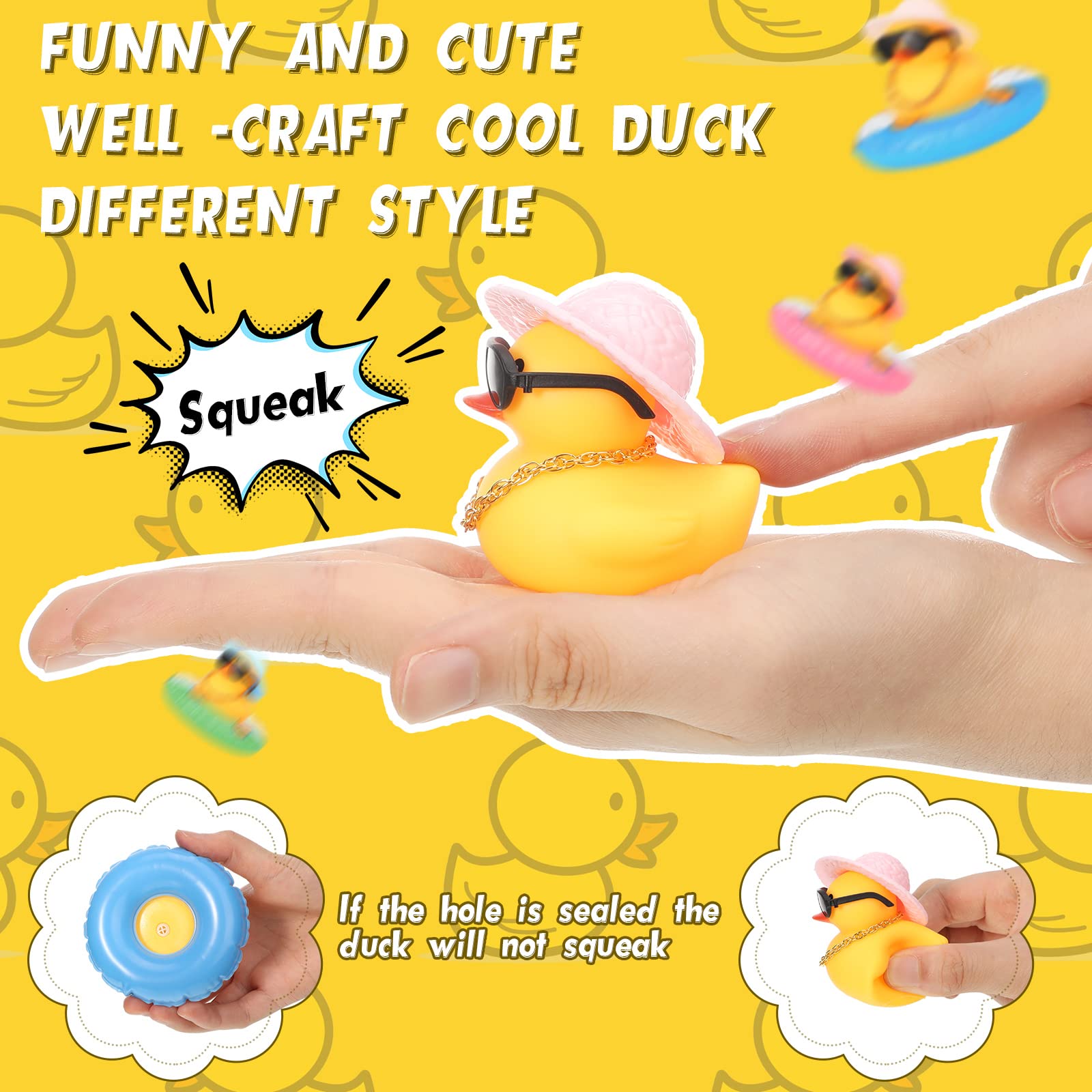 Sanwuta 16 Pieces Summer Rubber Ducks Car Duck Decoration Dashboard Decorations Yellow Duck Car Accessories with Mini Hat Swim Ring Necklace Sunglasses for Party Favors, Birthdays, Bath Time