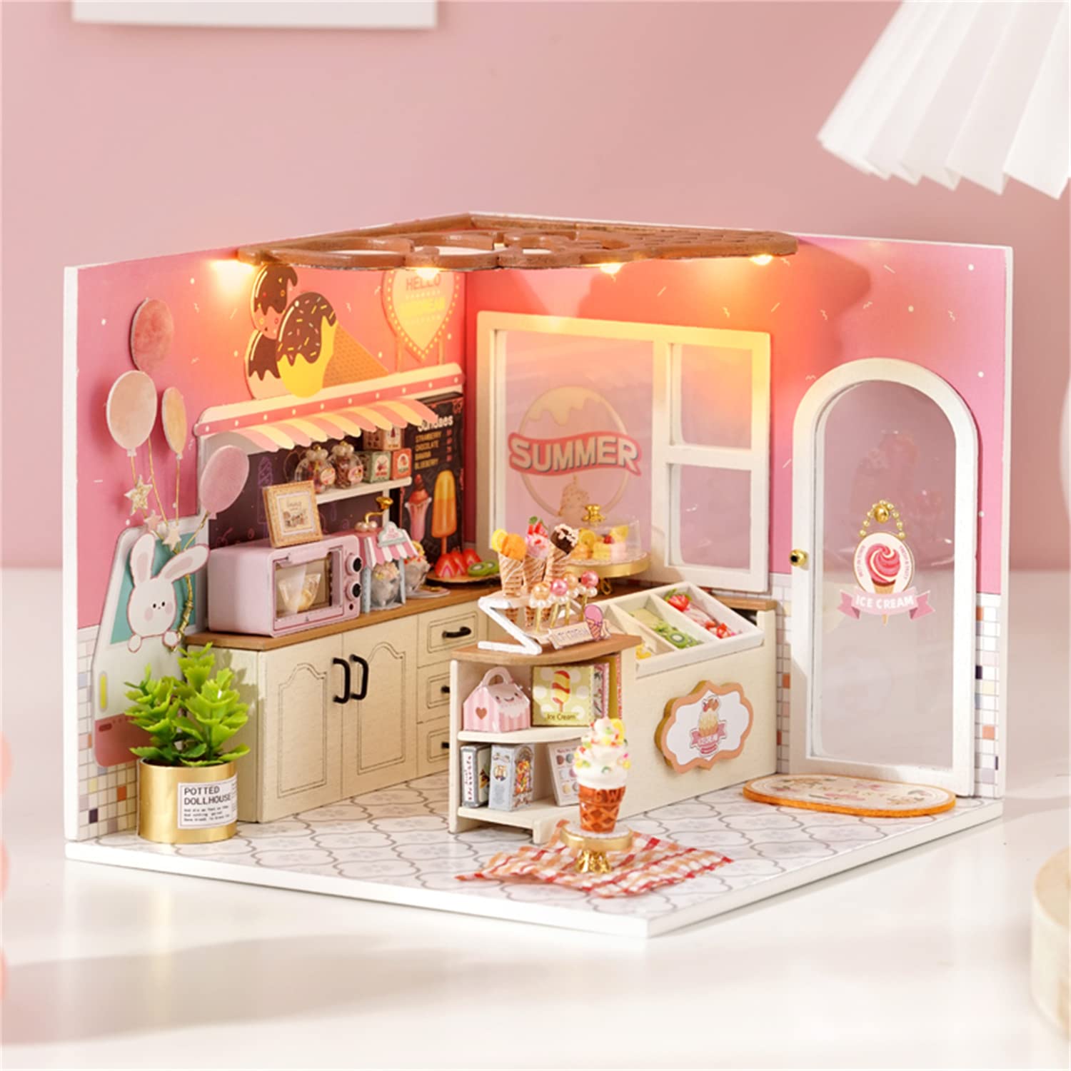 Flever Dollhouse Miniature DIY House Kit Creative Room with Furniture for Romantic Valentine's Gift (Happiness ice Cream Shop)