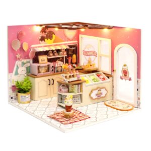 Flever Dollhouse Miniature DIY House Kit Creative Room with Furniture for Romantic Valentine's Gift (Happiness ice Cream Shop)