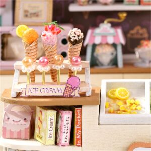 Flever Dollhouse Miniature DIY House Kit Creative Room with Furniture for Romantic Valentine's Gift (Happiness ice Cream Shop)