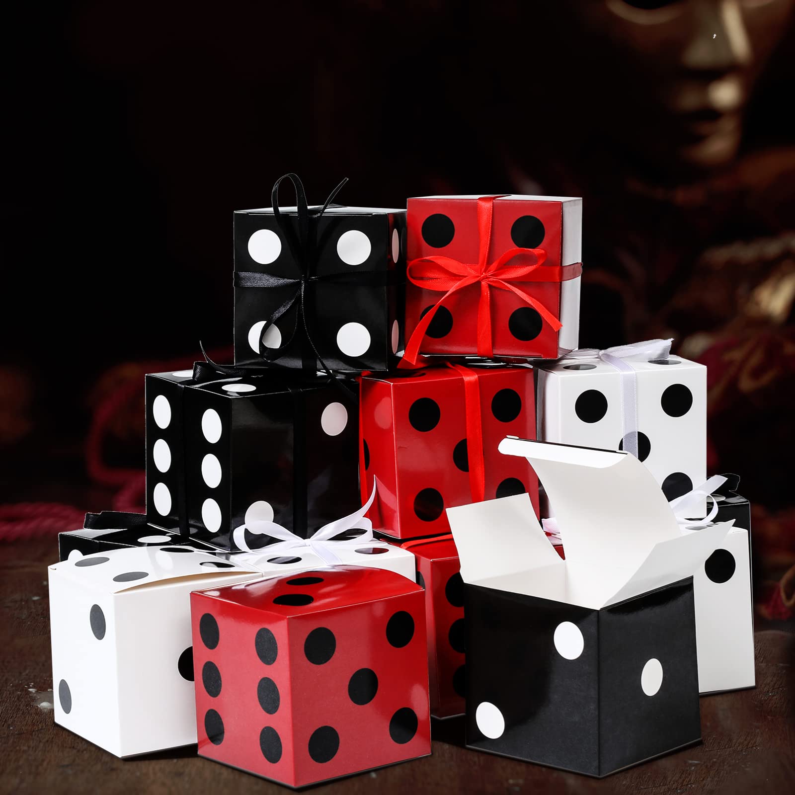 50 Pcs Dice Favor Boxes 4 x 4 x 4 Inch Casino Party Decorations Game Night Decorations Casino Themed Party Goodie Boxes Gift Box with Ribbon for Birthday Supplies (Black, White, Red)