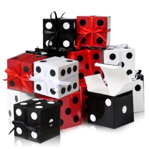 50 pcs dice favor boxes 4 x 4 x 4 inch casino party decorations game night decorations casino themed party goodie boxes gift box with ribbon for birthday supplies (black, white, red)