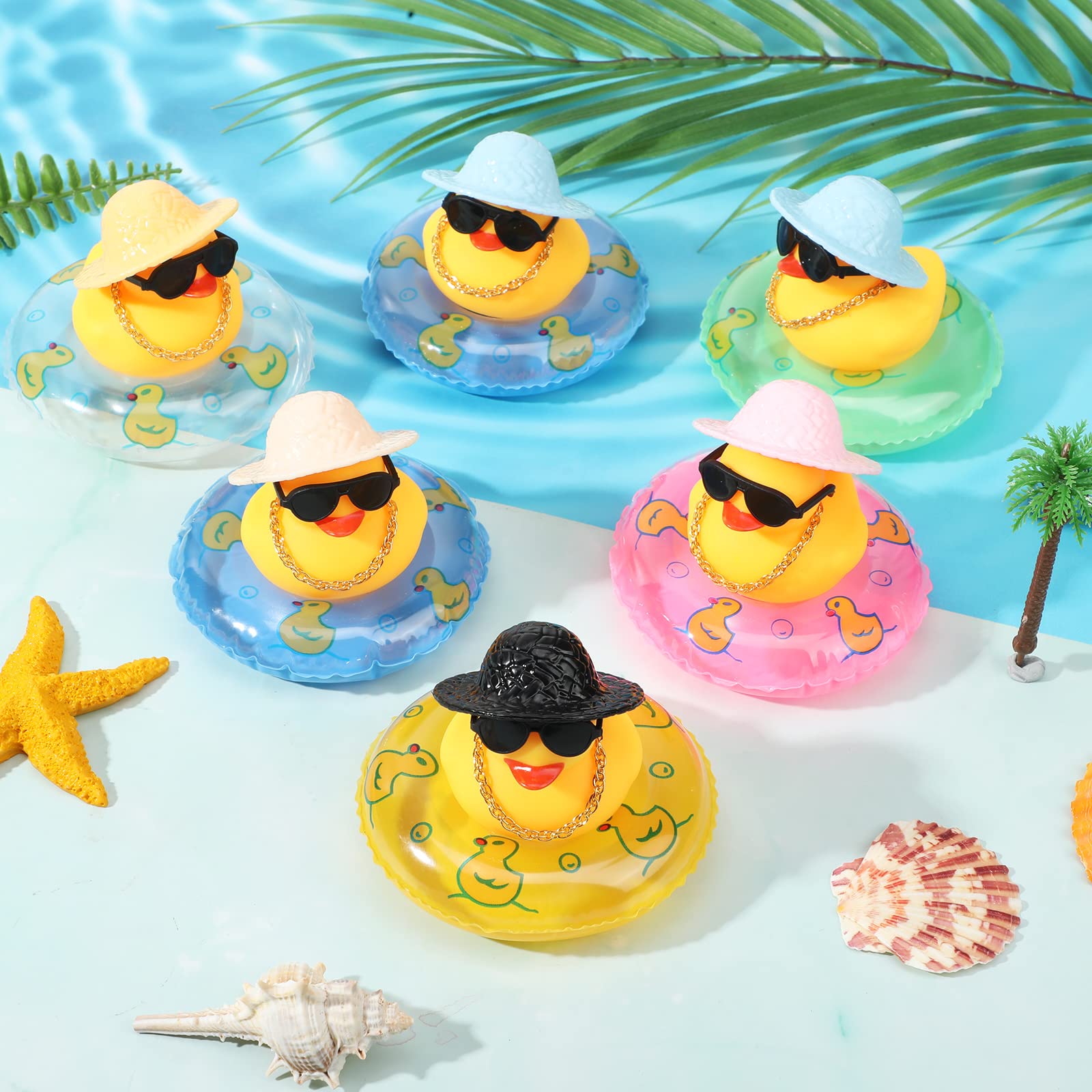 Sanwuta 16 Pieces Summer Rubber Ducks Car Duck Decoration Dashboard Decorations Yellow Duck Car Accessories with Mini Hat Swim Ring Necklace Sunglasses for Party Favors, Birthdays, Bath Time