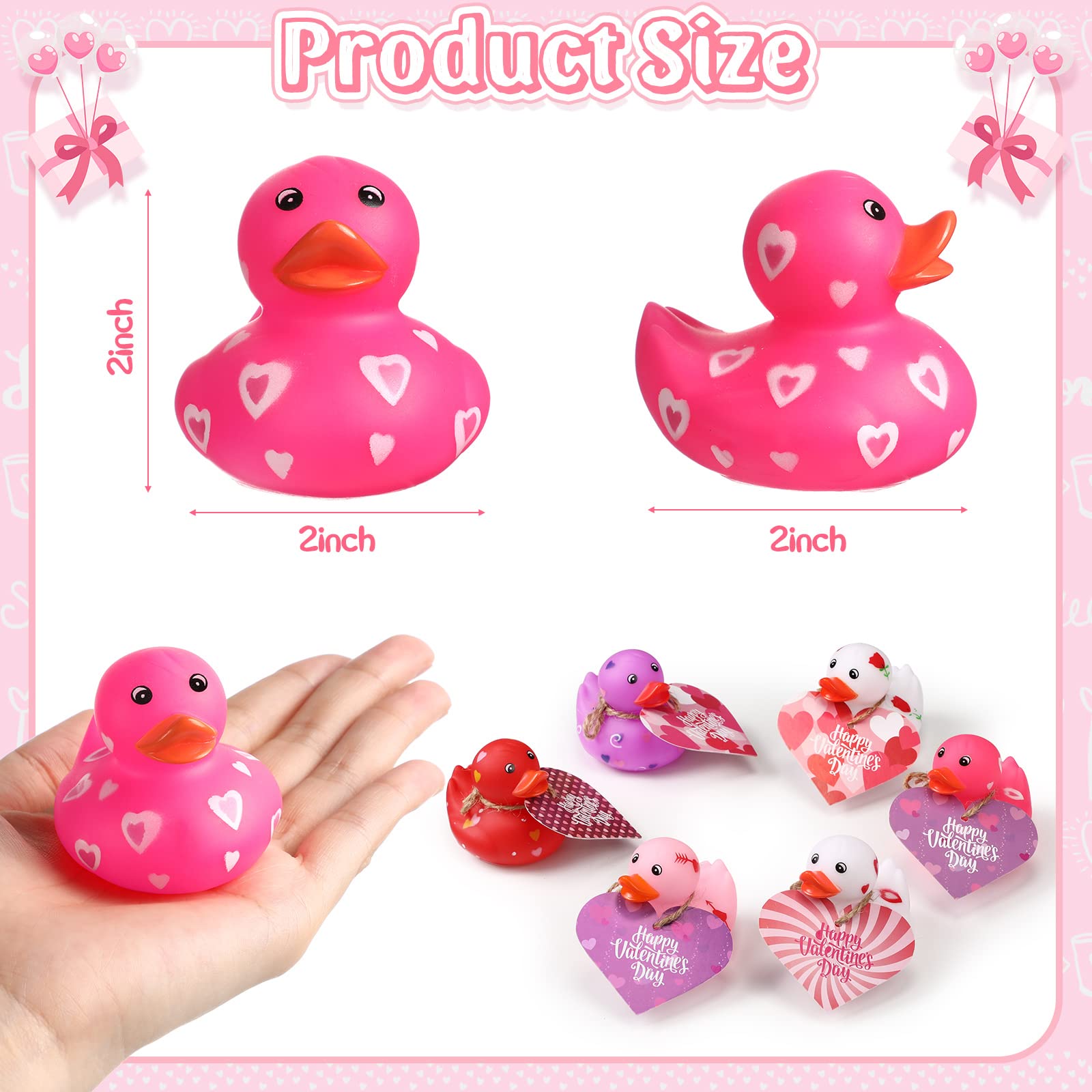 2 Inch Valentine Rubber Duckies with Valentine's Day Gift Cards Heart Ducks Love Small Rubber Ducks Cute Duck Bath Tub Pool Toys for Classroom Exchange Carnival Party Favors Game Prizes (24 Pcs)