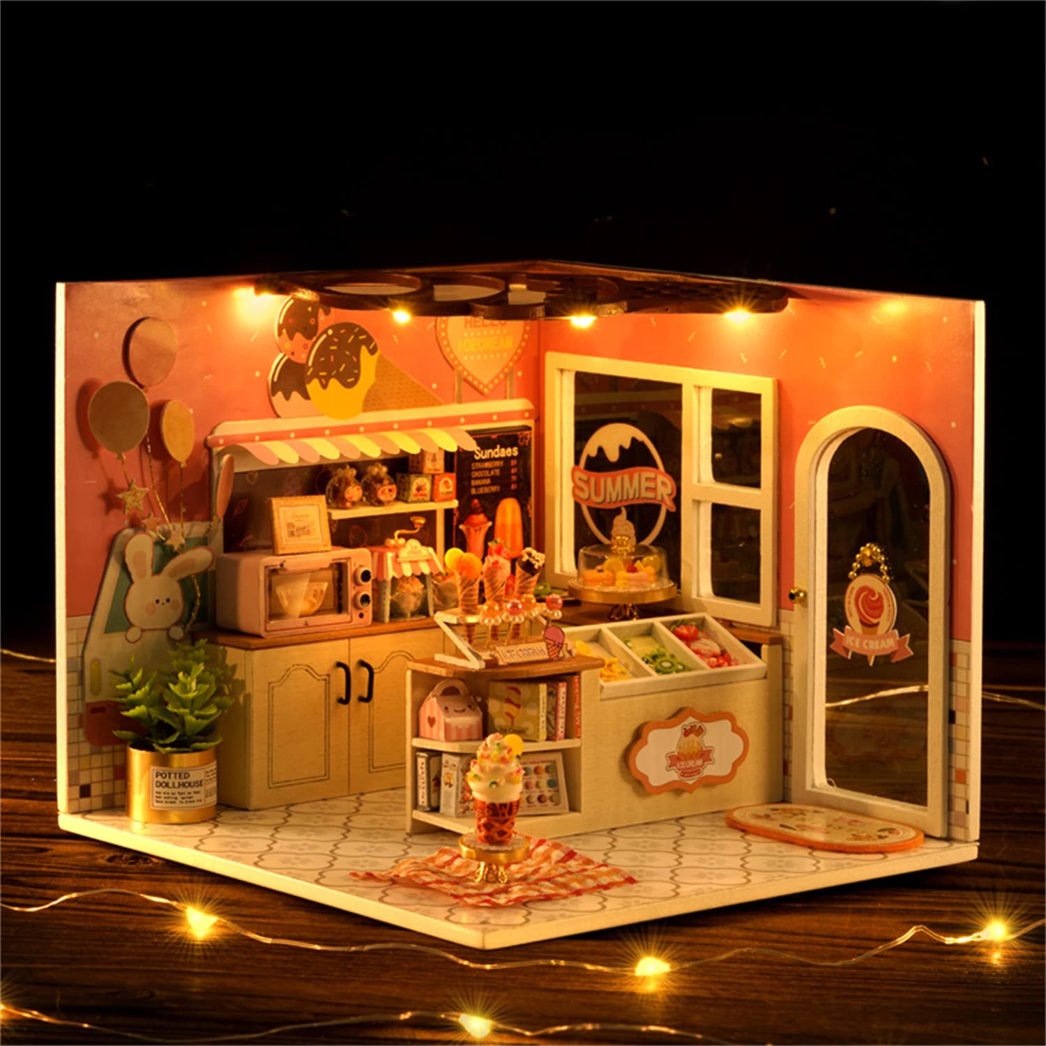 Flever Dollhouse Miniature DIY House Kit Creative Room with Furniture for Romantic Valentine's Gift (Happiness ice Cream Shop)