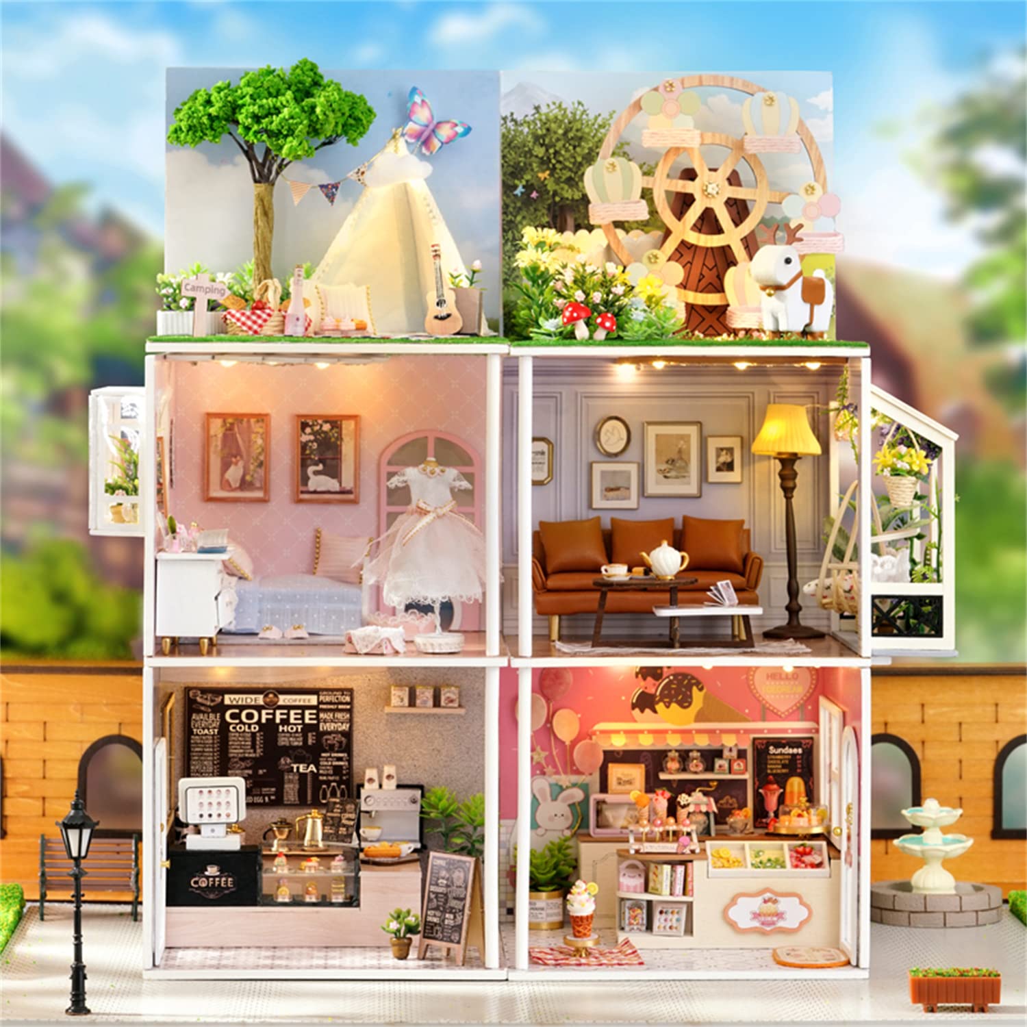 Flever Dollhouse Miniature DIY House Kit Creative Room with Furniture for Romantic Valentine's Gift (Happiness ice Cream Shop)