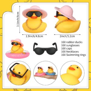 Sanwuta 16 Pieces Summer Rubber Ducks Car Duck Decoration Dashboard Decorations Yellow Duck Car Accessories with Mini Hat Swim Ring Necklace Sunglasses for Party Favors, Birthdays, Bath Time