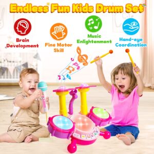 Kids Drum Set for Toddlers 1-3 Musical Baby Girl Toys for 1 Year Old Girl Gifts Educational Microphone Instruments Toys 12-18 Months Toddler Girl Toys Age 1-2 Birthday Gifts Presents for 6 9 12 Months