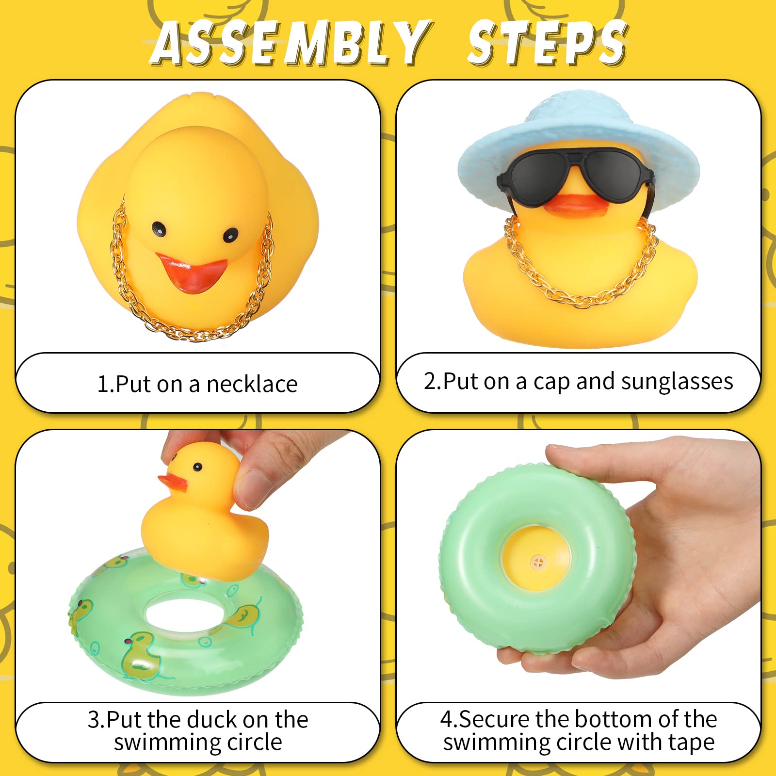 Sanwuta 16 Pieces Summer Rubber Ducks Car Duck Decoration Dashboard Decorations Yellow Duck Car Accessories with Mini Hat Swim Ring Necklace Sunglasses for Party Favors, Birthdays, Bath Time