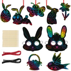 easter scratch art for kids bulk, set of 48 scratch art ornaments, wooden stick, & ribbon, easter craft kit, unique teen easter basket stuffers, cool fun easter gifts for teens, easter craft kit