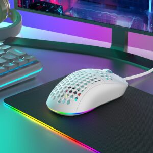 DIERYA M1SE Wired Gaming Mouse with Honeycomb Shell, 12800DPI Optical Sensor, 6 Programmable Macros, Software Support for Custom Key Config, and RGB Settings for Windows 7/8/10/XP, Vista, Linux-White