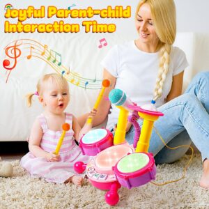 Kids Drum Set for Toddlers 1-3 Musical Baby Girl Toys for 1 Year Old Girl Gifts Educational Microphone Instruments Toys 12-18 Months Toddler Girl Toys Age 1-2 Birthday Gifts Presents for 6 9 12 Months